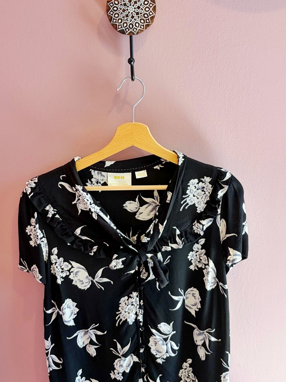 Anthropologie Maeve Black & White Floral Tie-Neck Blouse